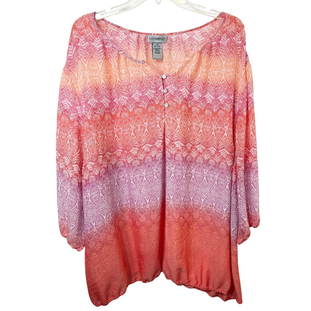 Catherines‎ Plus Size 26/28W Top 3X Pink Orange Beachy Coastal Feminine 1652